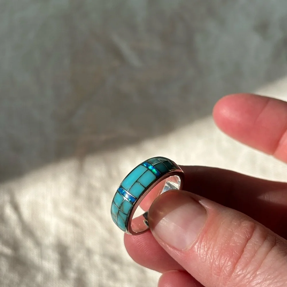 Turquoise and Opal Inlay Sterling Silver Ring Size 5 - Picture 2 of 5
